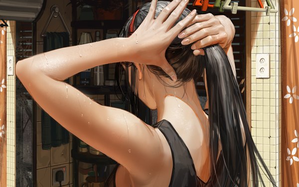 Anime picture 5000x3126 with original guweiz single long hair highres black hair absurdres upper body ponytail indoors from behind realistic arms up wet adjusting hair tying hair girl bathroom