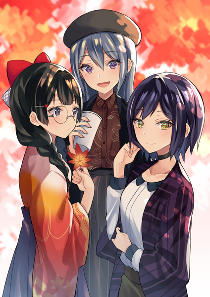 Anime picture 868x1228 with virtual youtuber nijisanji tsukino mito higuchi kaede shizuka rin ryun025 long hair tall image looking at viewer short hair open mouth black hair smile purple eyes multiple girls yellow eyes purple hair braid (braids) traditional clothes :d