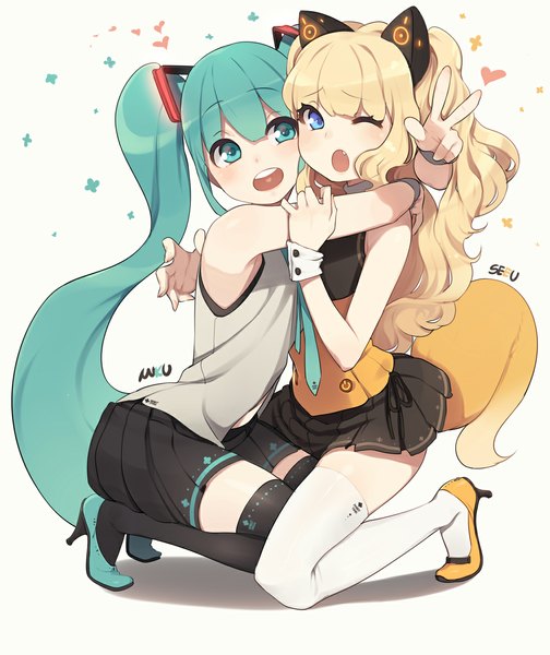 Anime picture 1000x1189 with vocaloid hatsune miku seeu ssberit long hair tall image blush open mouth blue eyes simple background blonde hair white background twintails bare shoulders multiple girls animal ears tail pleated skirt one eye closed aqua eyes