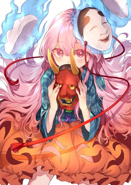 Anime picture 1359x1920 with touhou hata no kokoro risui (suzu rks) single long hair tall image looking at viewer fringe hair between eyes holding pink hair pink eyes covered mouth girl skirt shirt mask demon mask checkered shirt
