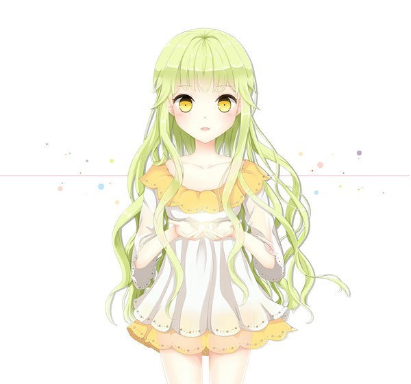 Anime picture 1000x935 with original jellybear single long hair looking at viewer open mouth white background yellow eyes green hair girl dress