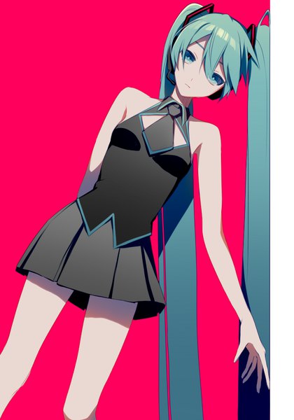 Anime picture 700x1000 with vocaloid hatsune miku asd13 single tall image looking at viewer fringe simple background hair between eyes twintails very long hair pleated skirt aqua eyes aqua hair leaning sleeveless pink background girl skirt black skirt
