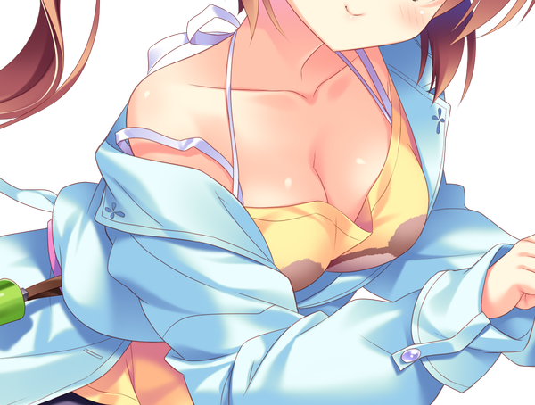 Anime picture 1024x776 with love love life skyfish (studio) moegino sara wori single long hair blush breasts light erotic smile brown hair bare shoulders game cg cleavage open clothes strap slip transparent background girl