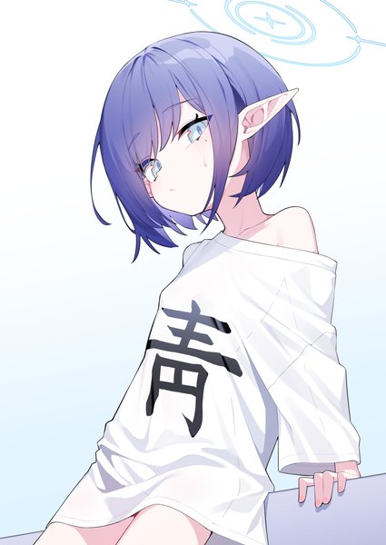 Anime-Bild 4299x6071 mit blue archive aoi (blue archive) honi (honi1010) single tall image looking at viewer fringe highres short hair blue eyes light erotic simple background bare shoulders blue hair absurdres blunt bangs pointy ears off shoulder sweatdrop clothes writing