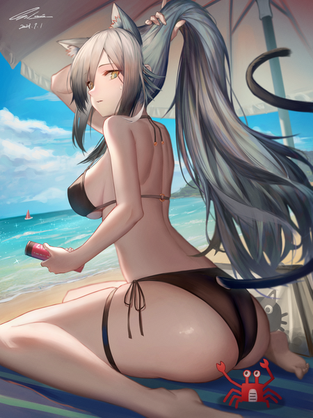 Anime picture 3000x4000 with arknights schwarz (arknights) ioriwu8 single long hair tall image looking at viewer fringe highres breasts light erotic hair between eyes large breasts sitting holding signed animal ears yellow eyes payot sky