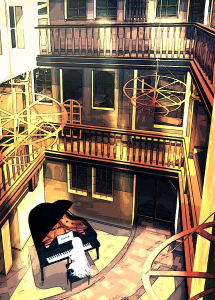 Anime picture 861x1200 with original rery rr23 single long hair tall image sitting from behind silhouette girl window building (buildings) musical instrument door piano balcony