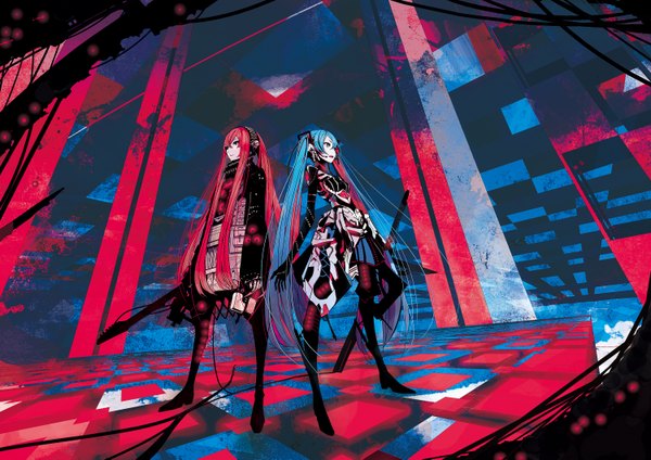 Anime picture 3000x2121 with vocaloid hatsune miku megurine luka palow nakamura long hair highres blue eyes twintails multiple girls looking away pink hair pink eyes alternate costume checkered floor girl gloves uniform 2 girls elbow gloves boots