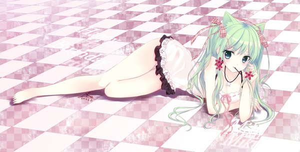 Anime picture 1577x800 with vocaloid hatsune miku aqua (artist) single long hair blue eyes light erotic wide image signed animal ears full body lying green hair cat ears checkered floor checkered background girl flower (flowers) food sweets