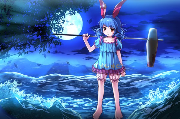 Anime picture 1891x1254 with touhou seiran (touhou) risutaru single long hair looking at viewer blush fringe highres red eyes standing holding animal ears blue hair full body outdoors barefoot night short sleeves night sky