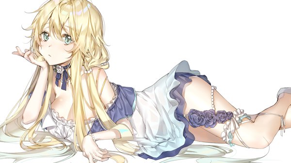 Anime picture 1332x747 with original myo ne single long hair looking at viewer blush fringe breasts light erotic simple background blonde hair hair between eyes wide image large breasts white background payot cleavage bent knee (knees) lying aqua eyes