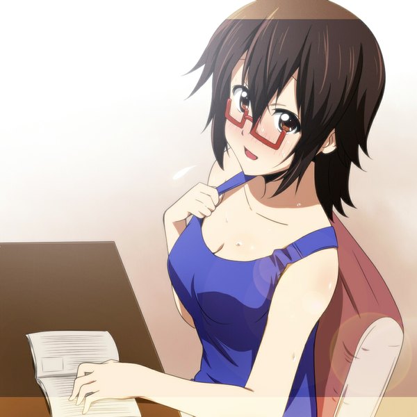 Anime picture 1024x1024 with k-on! kyoto animation manabe nodoka ikari manatsu single blush fringe short hair hair between eyes brown hair sitting brown eyes cleavage upper body from above girl glasses book (books)