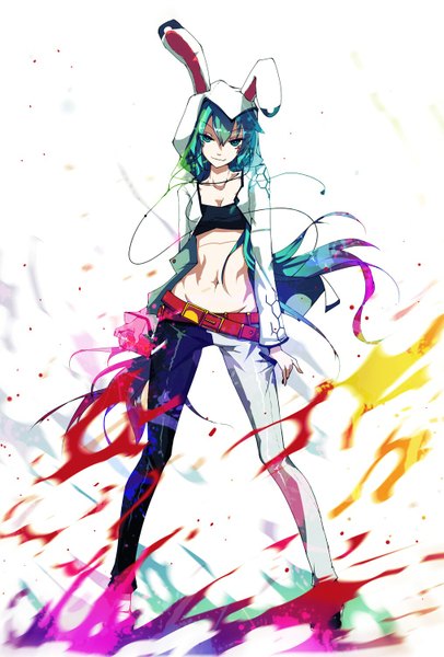 Anime picture 1016x1500 with vocaloid hatsune miku qys3 single long hair tall image looking at viewer standing animal ears aqua eyes aqua hair open clothes open jacket bare belly bunny ears fake animal ears girl navel jacket belt