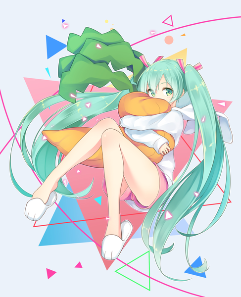 Anime picture 973x1200 with vocaloid hatsune miku ninnzinn single tall image looking at viewer twintails full body bent knee (knees) very long hair aqua eyes aqua hair hug knees touching weightlessness cute knees together feet apart girl shorts sweater