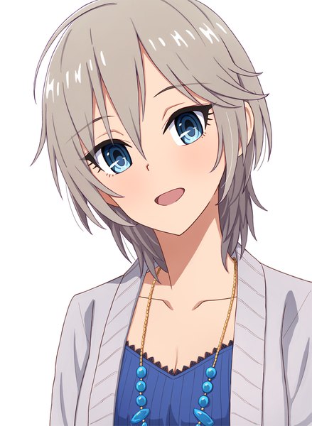 Anime picture 1295x1769 with idolmaster idolmaster cinderella girls idolmaster cinderella girls starlight stage anastasia (idolmaster) yahiro (epicopeiidae) single tall image looking at viewer fringe short hair open mouth blue eyes simple background hair between eyes white background head tilt :d grey hair portrait crystal snow