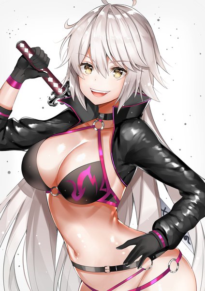 Anime picture 2893x4092 with fate (series) fate/grand order jeanne d'arc (fate) (all) jeanne d'arc alter (fate) jeanne d'arc alter (swimsuit berserker) (fate) aozora nan single tall image looking at viewer blush fringe highres breasts open mouth light erotic simple background smile hair between eyes large breasts standing