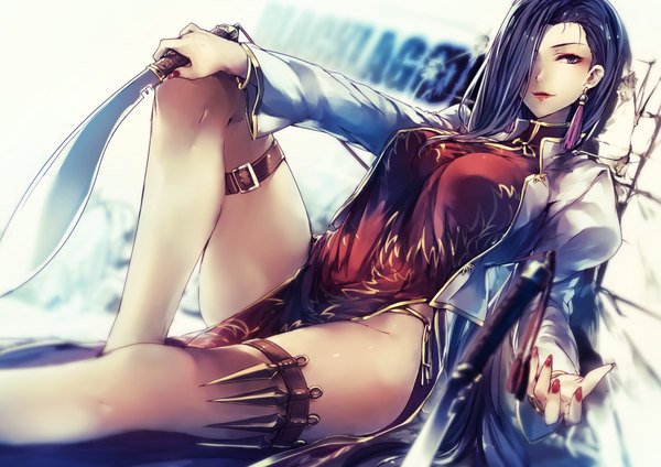 Anime picture 1980x1400 with black lagoon madhouse shenhua kyouya (mukuro238) single long hair looking at viewer fringe highres breasts light erotic sitting blue hair nail polish traditional clothes hair over one eye legs chinese clothes red nail polish against wall