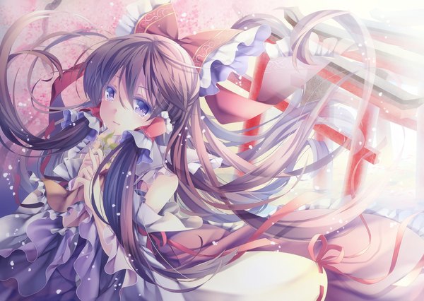Anime picture 1200x853 with touhou hakurei reimu mikazuki sara single long hair looking at viewer brown hair purple eyes bare shoulders tears cherry blossoms girl bow plant (plants) hair bow detached sleeves tree (trees) torii