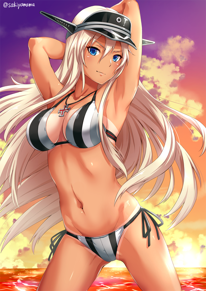 Anime picture 800x1131 with kantai collection bismarck battleship sakiyamama single long hair tall image looking at viewer blush fringe breasts blue eyes light erotic blonde hair hair between eyes standing signed cleavage cloud (clouds) armpit (armpits) twitter username