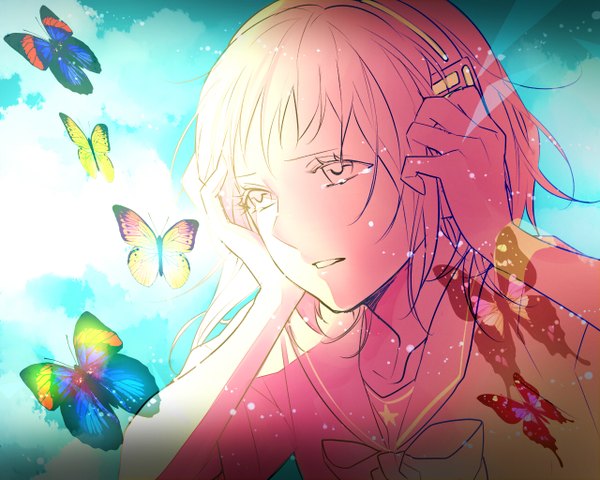 Anime picture 1280x1024 with vocaloid gumi tayuya1130 single fringe short hair open mouth tears crying sad girl shirt headphones insect butterfly
