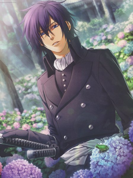Anime picture 2385x3187 with hakuouki shinsengumi kitan studio deen saito hajime yone kazuki single tall image looking at viewer highres short hair open mouth blue eyes purple hair scan official art looking down boy gloves flower (flowers) weapon plant (plants)