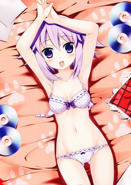 Anime picture 1425x2008 with choujigen game neptune neptune (choujigen game neptune) kaho okashii single tall image looking at viewer blush short hair open mouth light erotic purple eyes purple hair scan midriff underwear only girl navel underwear panties cd