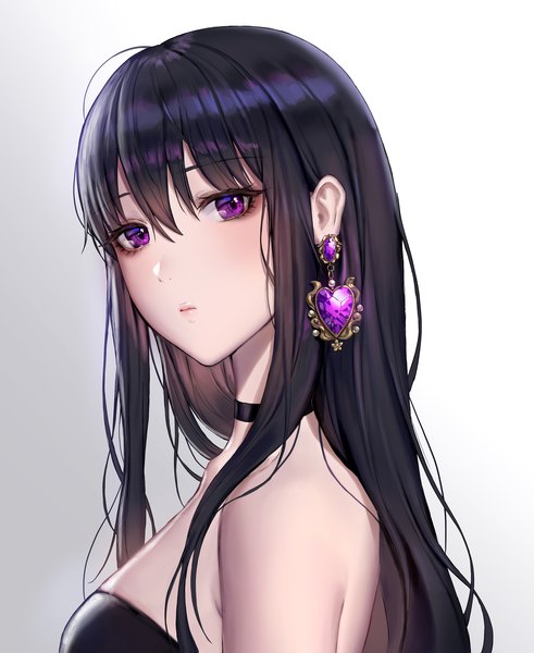 Anime picture 1500x1833 with original jademoon single long hair tall image looking at viewer blush fringe breasts black hair simple background hair between eyes purple eyes payot upper body gradient background portrait face girl earrings