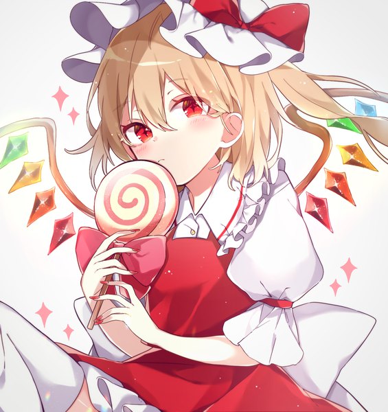 Anime picture 1600x1700 with touhou flandre scarlet yurui tuhu single tall image blush fringe short hair simple background blonde hair hair between eyes red eyes white background puffy sleeves one side up symbol-shaped pupils + + girl hat wings