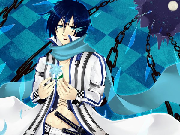 Anime picture 1024x768 with vocaloid kaito (vocaloid) dashino chihiro single short hair blue eyes blue hair glowing glowing eye (eyes) cosplay checkered checkered background boy flower (flowers) weapon sword belt scarf katana moon