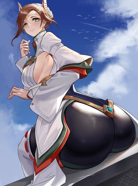 Anime picture 3065x4126 with xenoblade xenoblade 3 alexandria (xenoblade) moonface single tall image fringe highres short hair breasts light erotic brown hair large breasts sitting green eyes signed absurdres sky cloud (clouds) outdoors