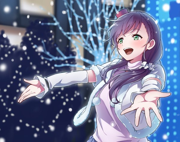 Anime picture 3371x2656 with love live! school idol project sunrise (studio) love live! toujou nozomi keidai single long hair blush fringe highres open mouth green eyes looking away absurdres purple hair ahoge outdoors teeth happy spread arms