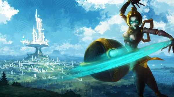 Anime picture 1366x768 with league of legends orianna (league of legends) xcreeps single looking at viewer blonde hair wide image cloud (clouds) city mechanical dancing ballet girl dress weapon plant (plants) tree (trees) ball key gears