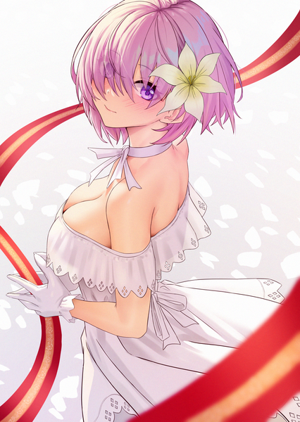 Anime picture 1300x1832 with fate (series) fate/grand order mash kyrielight mash kyrielight (formal dress) solar (happymonk) single tall image looking at viewer blush fringe short hair breasts light erotic smile large breasts standing purple eyes pink hair cleavage hair flower