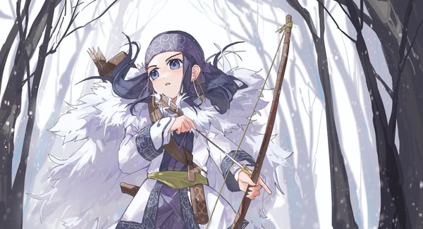 Anime-Bild 3912x2118 mit golden kamuy asirpa sentter single long hair highres open mouth blue eyes wide image standing holding blue hair looking away absurdres outdoors long sleeves traditional clothes snowing bare tree ainu clothes