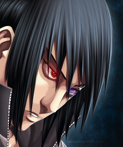 Anime picture 1086x1300 with naruto studio pierrot naruto (series) uchiha sasuke uchiha-itasuke single tall image short hair black hair red eyes purple eyes heterochromia coloring close-up face sharingan rinnegan boy