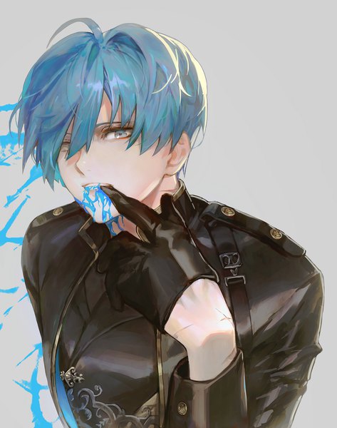 Anime picture 1000x1268 with original kkxmxx single tall image looking at viewer fringe short hair blue eyes simple background hair between eyes blue hair upper body ahoge arm up grey background teeth scar blood on face glove biting bite
