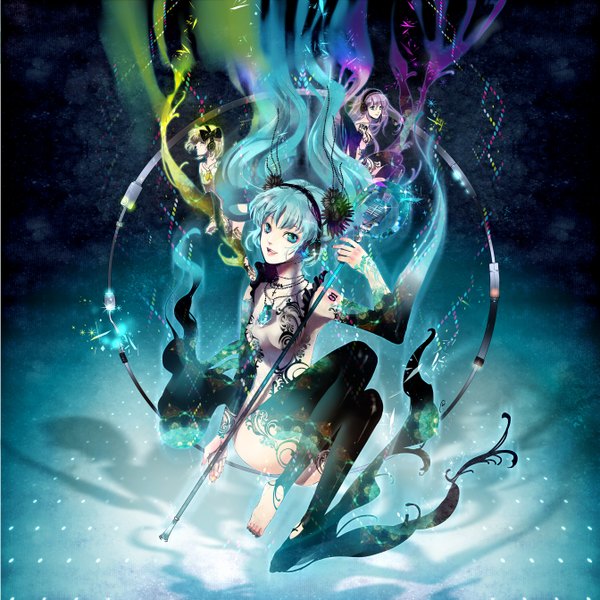 イラスト 2687x2687 と ボーカロイド 初音ミク 巡音ルカ 鏡音リン 憂 長髪 highres 短い髪 金髪 ツインテール multiple girls ピンク髪 aqua eyes aqua hair magic group 女の子 ストッキング ちょう結び ヘア蝶結び