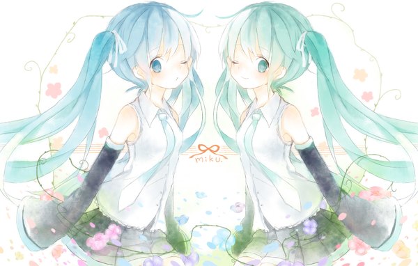 Anime picture 1584x1010 with vocaloid hatsune miku mikanniro long hair blush smile twintails bare shoulders green eyes one eye closed aqua eyes green hair wink aqua hair dual persona girl flower (flowers) ribbon (ribbons) hair ribbon detached sleeves
