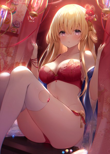 Anime picture 642x900 with original navy (navy.blue) single long hair tall image looking at viewer blush fringe breasts open mouth light erotic blonde hair hair between eyes large breasts sitting purple eyes holding payot cleavage bent knee (knees)