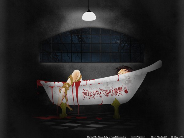 Аниме картинка 1600x1200 с меланхолия харухи судзумии kyoto animation иероглиф тёмный фон девушка кровь