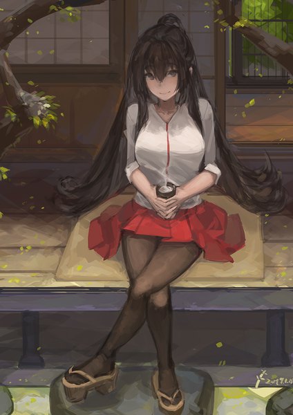 Anime picture 800x1132 with kantai collection yamato super battleship k cio single tall image looking at viewer fringe breasts black hair smile hair between eyes large breasts sitting holding signed payot full body bent knee (knees) outdoors ponytail