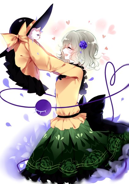Anime picture 1900x2700 with touhou komeiji koishi sheya single tall image highres short hair open mouth smile eyes closed long sleeves profile green hair wide sleeves sleeves past wrists wavy hair hat removed headwear removed girl skirt