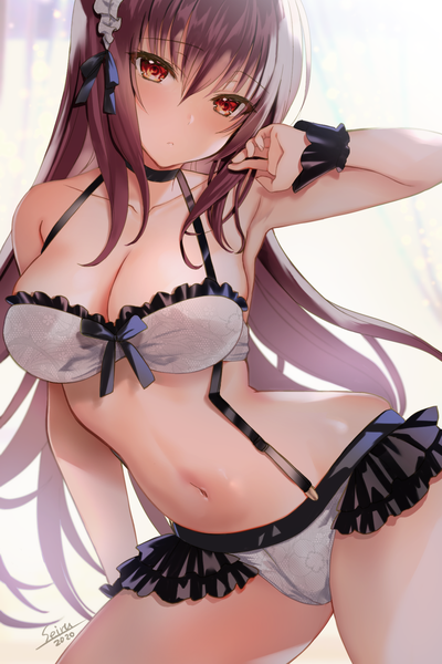 Anime picture 1200x1800 with fate (series) fate/grand order scathach (fate) (all) hijiri ruka single long hair tall image looking at viewer blush fringe breasts light erotic simple background hair between eyes red eyes brown hair standing white background signed payot