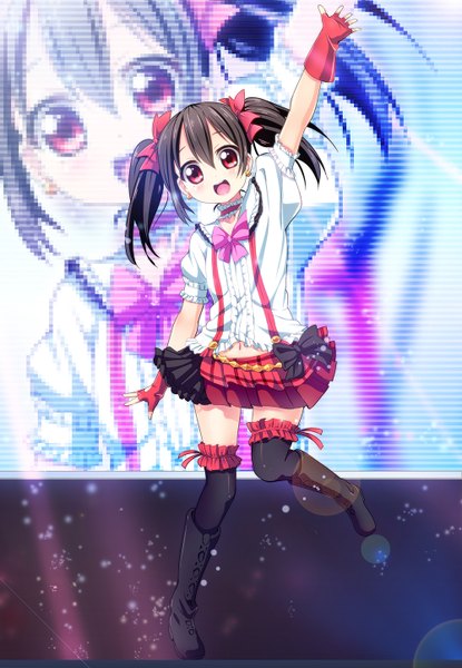 Anime picture 1000x1444 with love live! school idol project sunrise (studio) love live! yazawa nico kurou (quadruple zero) long hair tall image blush open mouth black hair red eyes twintails full body girl thighhighs dress bow black thighhighs hair bow miniskirt