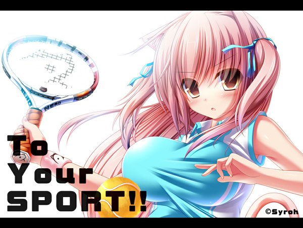 Anime picture 1000x753 with original shia flatpaddy syroh long hair blush breasts open mouth light erotic simple background large breasts white background pink hair orange eyes girl ribbon (ribbons) hair ribbon wristlet tennis racket