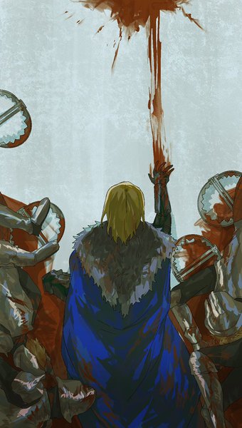 Anime picture 580x1024 with fire emblem fire emblem: three houses nintendo dimitri alexandre blaiddyd biz6ls single tall image short hair blonde hair standing arm up from above fur trim bloody clothes blood stains boy armor fur blood cape