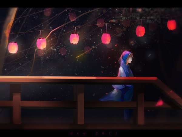 Anime picture 2000x1500 with original hokuou (beo) single highres brown hair profile night boy plant (plants) petals tree (trees) hood lantern lamp chinese lantern