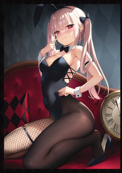 Anime picture 1357x1920 with original mignon single long hair tall image looking at viewer blush fringe breasts light erotic blonde hair smile red eyes twintails bare shoulders animal ears payot silver hair full body blunt bangs