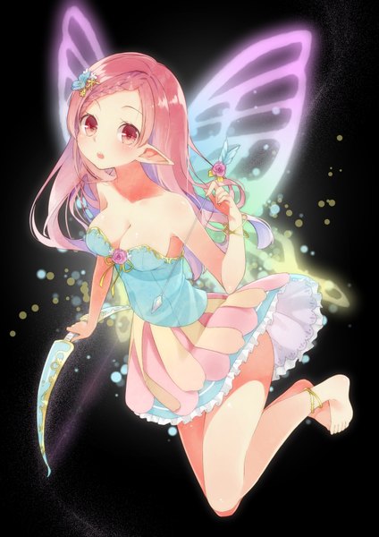 Anime picture 1240x1754 with original tika (mika4975) single long hair tall image looking at viewer blush breasts red eyes bare shoulders pink hair cleavage barefoot pointy ears flying girl dress weapon bow (weapon) arrow (arrows)