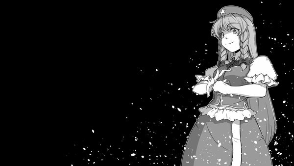Anime picture 1920x1080 with touhou hong meiling sunatoshi single long hair looking at viewer highres breasts simple background smile wide image braid (braids) short sleeves puffy sleeves black background monochrome outline crazy eyes girl skirt
