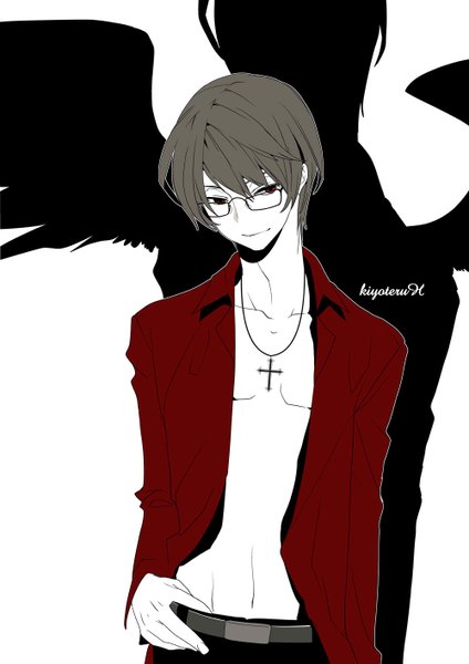 Anime picture 1000x1416 with vocaloid hiyama kiyoteru single tall image highres short hair black hair red eyes open clothes shadow open shirt boy navel shirt glasses cross